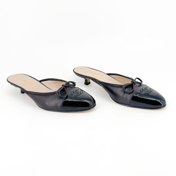Chanel CC Cap Toe Kitten Heel Mules Black Size 36.5 US 6-6.5 Women Vintage - Picture 1 of 14